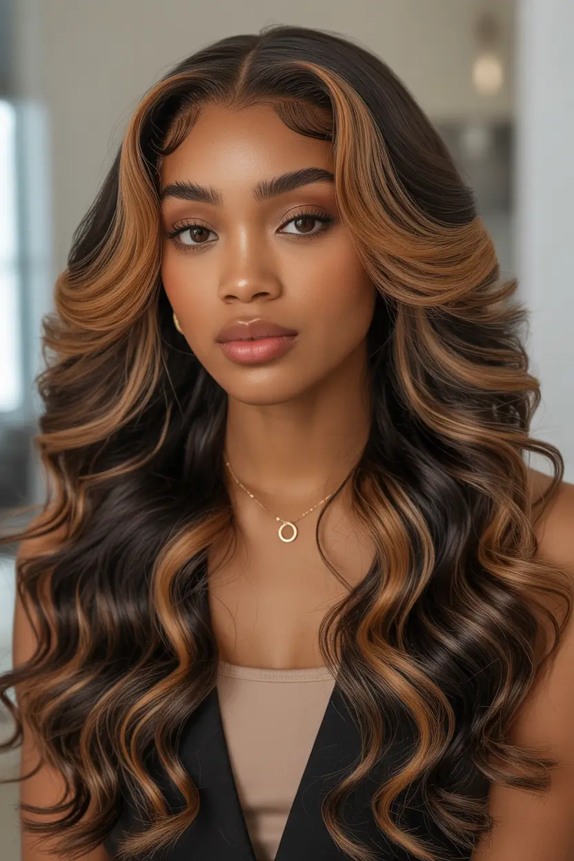 chic spring hair color for dark skin 2026 soft caramel ribbons