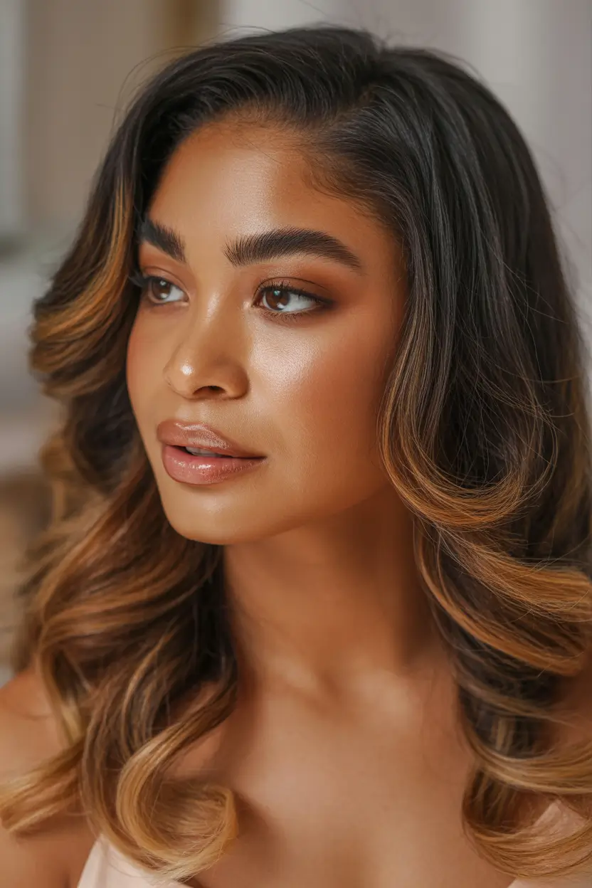 chic spring hair color for dark skin 2026 warm caramel face framing