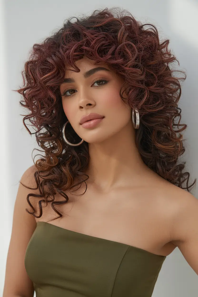 chic spring hair color for dark skin 2026 deep cherry curls