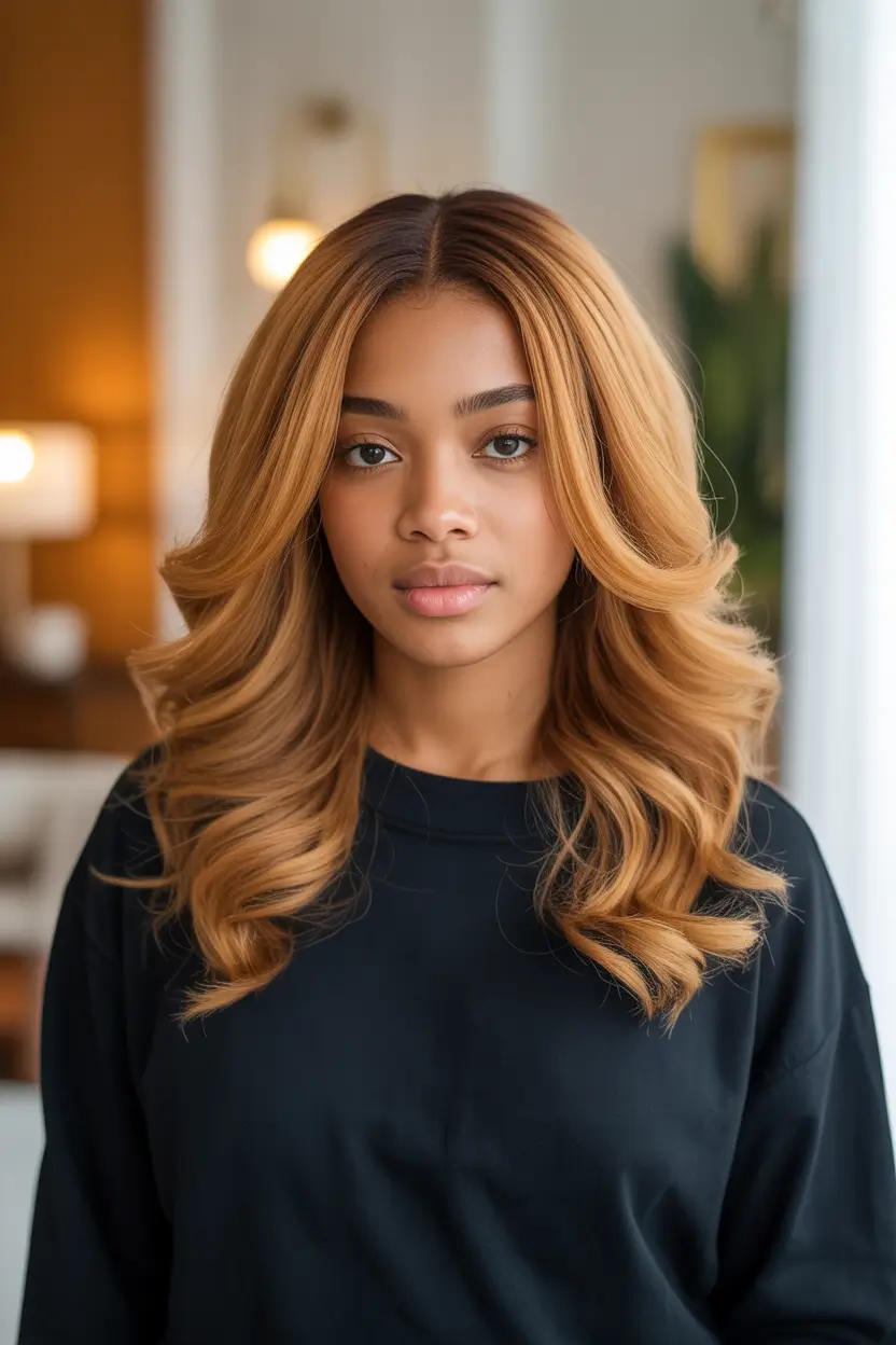 chic spring hair color for dark skin 2026 honey blonde layers