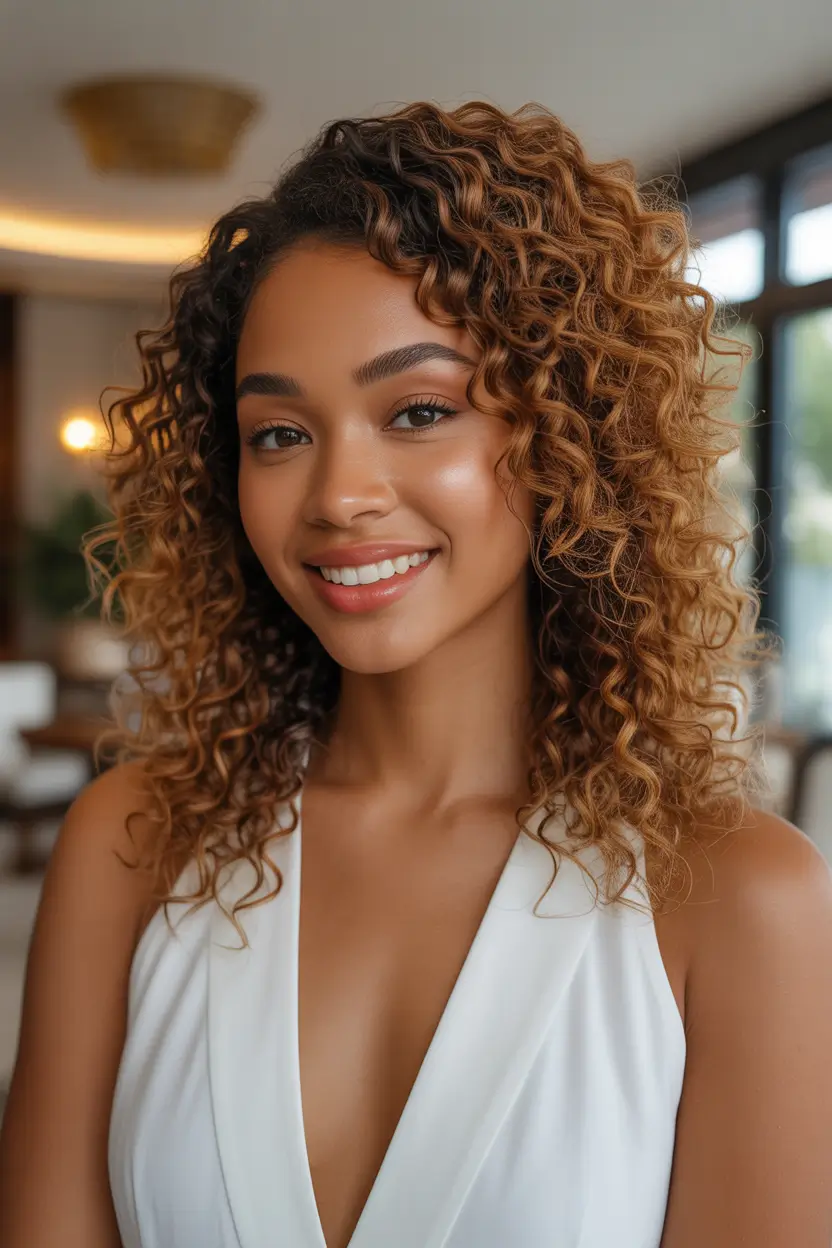 chic spring hair color for dark skin 2026 honey blonde curls