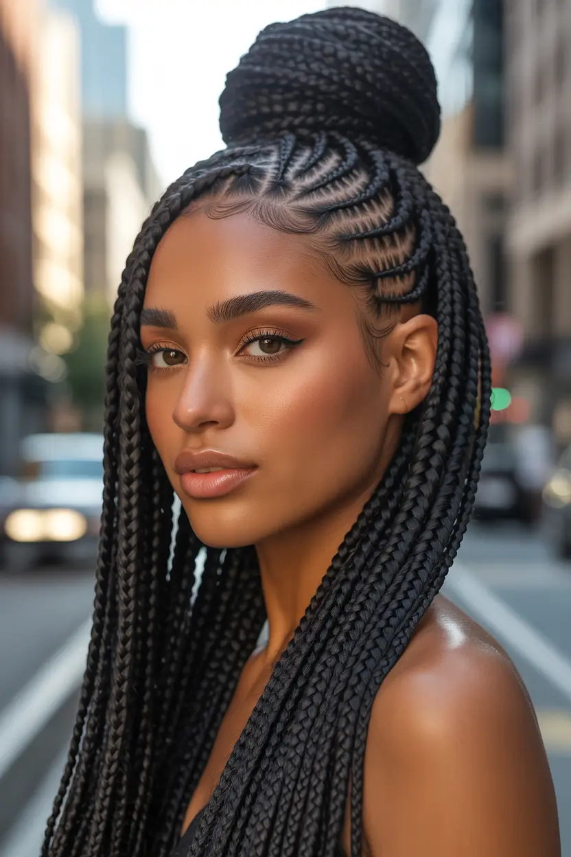 chic spring hairstyle for black women 2026 high braided bun with cascading length 10