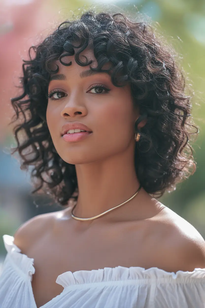 chic spring hairstyle for black women 2026 romantic curly shag with airy bangs 11