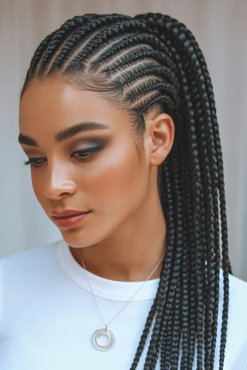 chic spring hairstyle for black women 2026 precision cornrows into sleek low pony 14