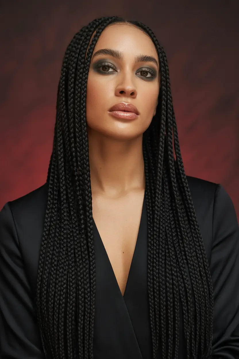 chic spring hairstyle for black women 2026 ultra long classic box braids with center part 15