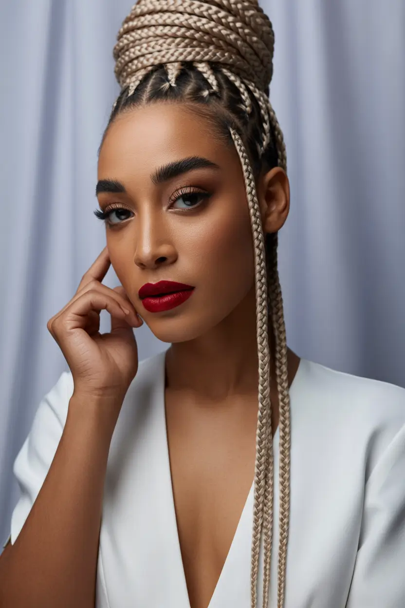chic spring hairstyle for black women 2026 platinum braided high bun with statement length 18