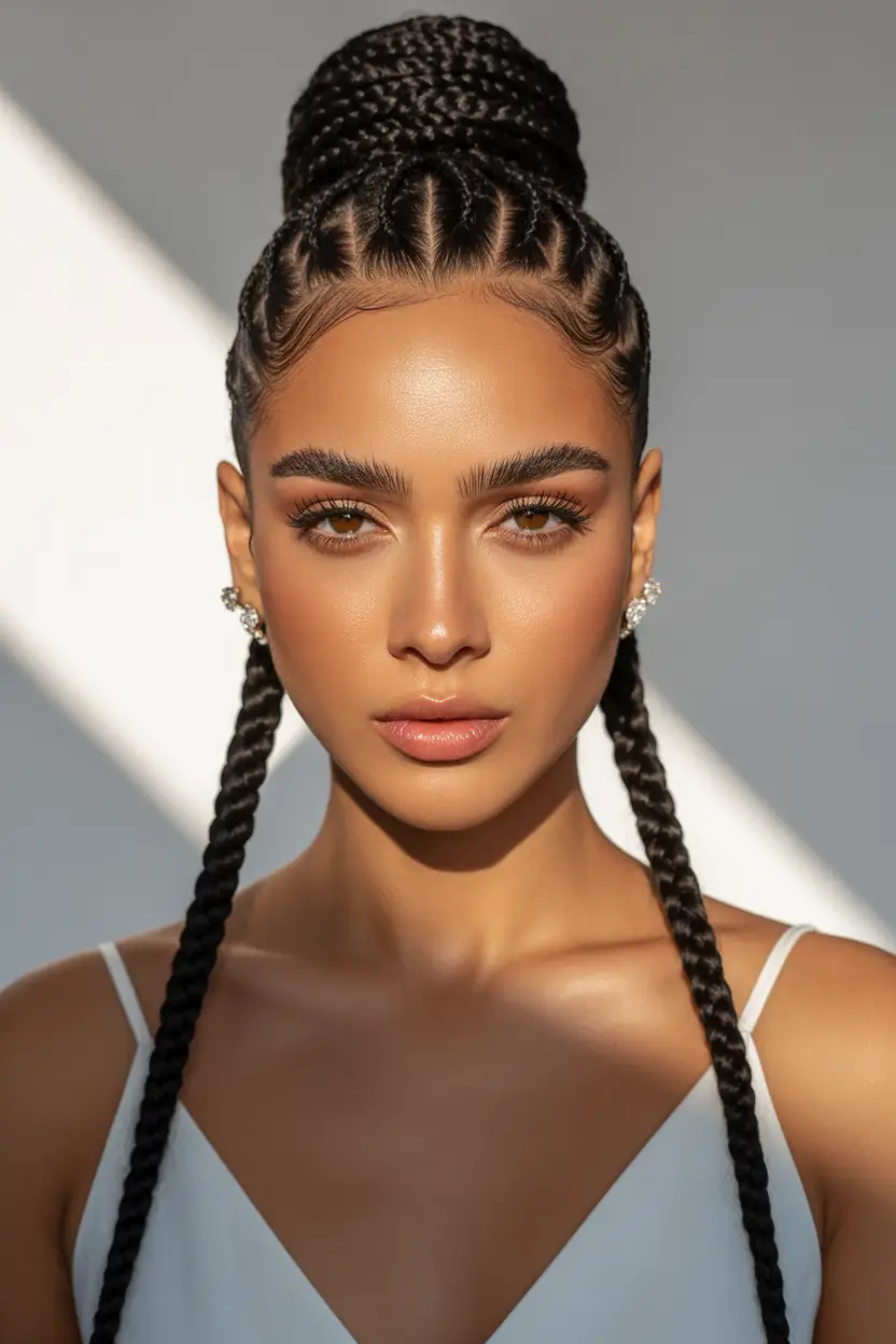 chic spring hairstyle for black women 2026 structured braided crown with twin lengths 19