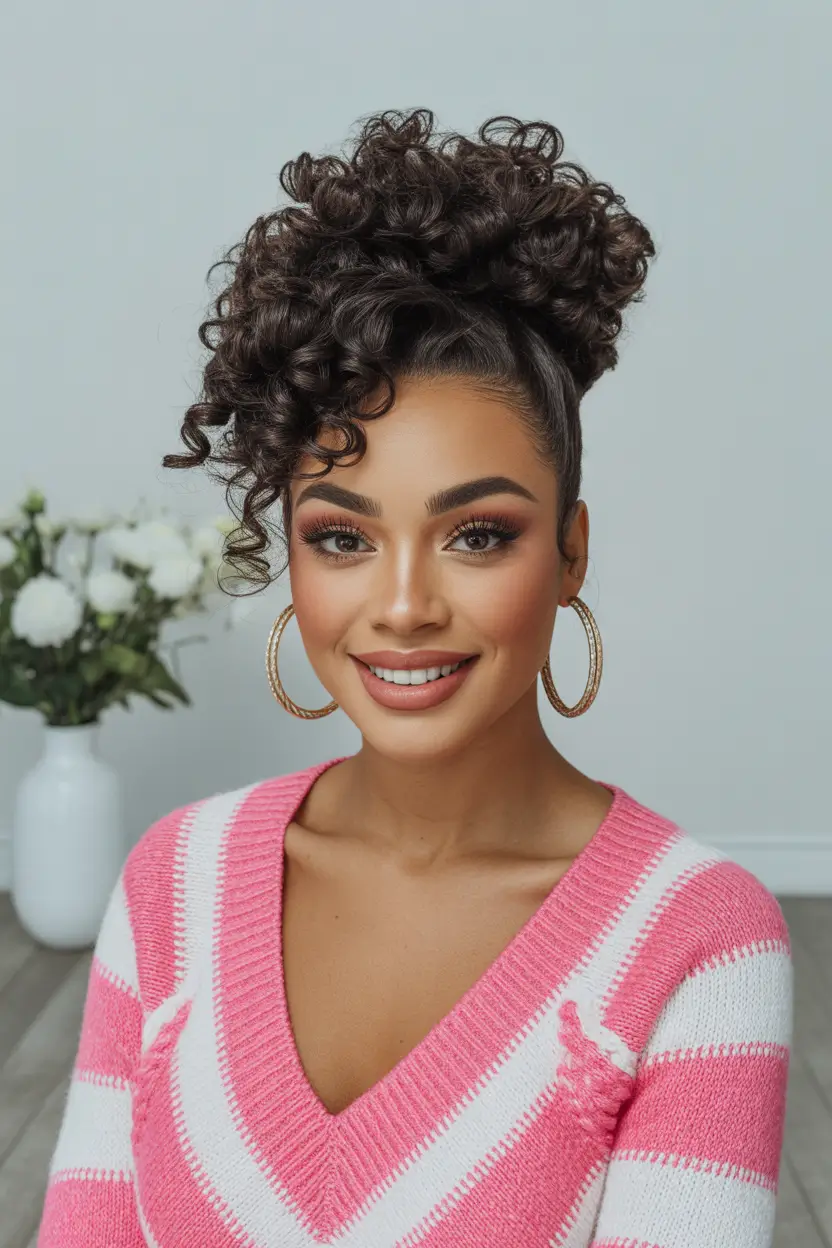 chic spring hairstyle for black women 2026 voluminous curly high puff with sculpted edges