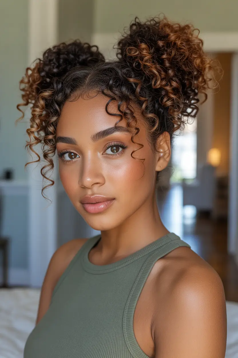 chic spring hairstyle for black women 2026 double curly space buns with face framing tendrils