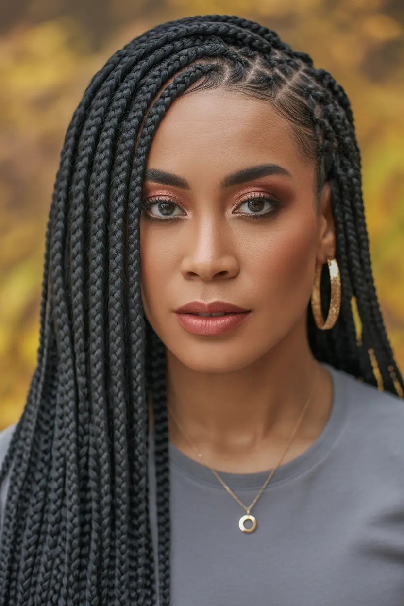 chic spring hairstyle for black women 2026 sleek long box braids with deep side part 8