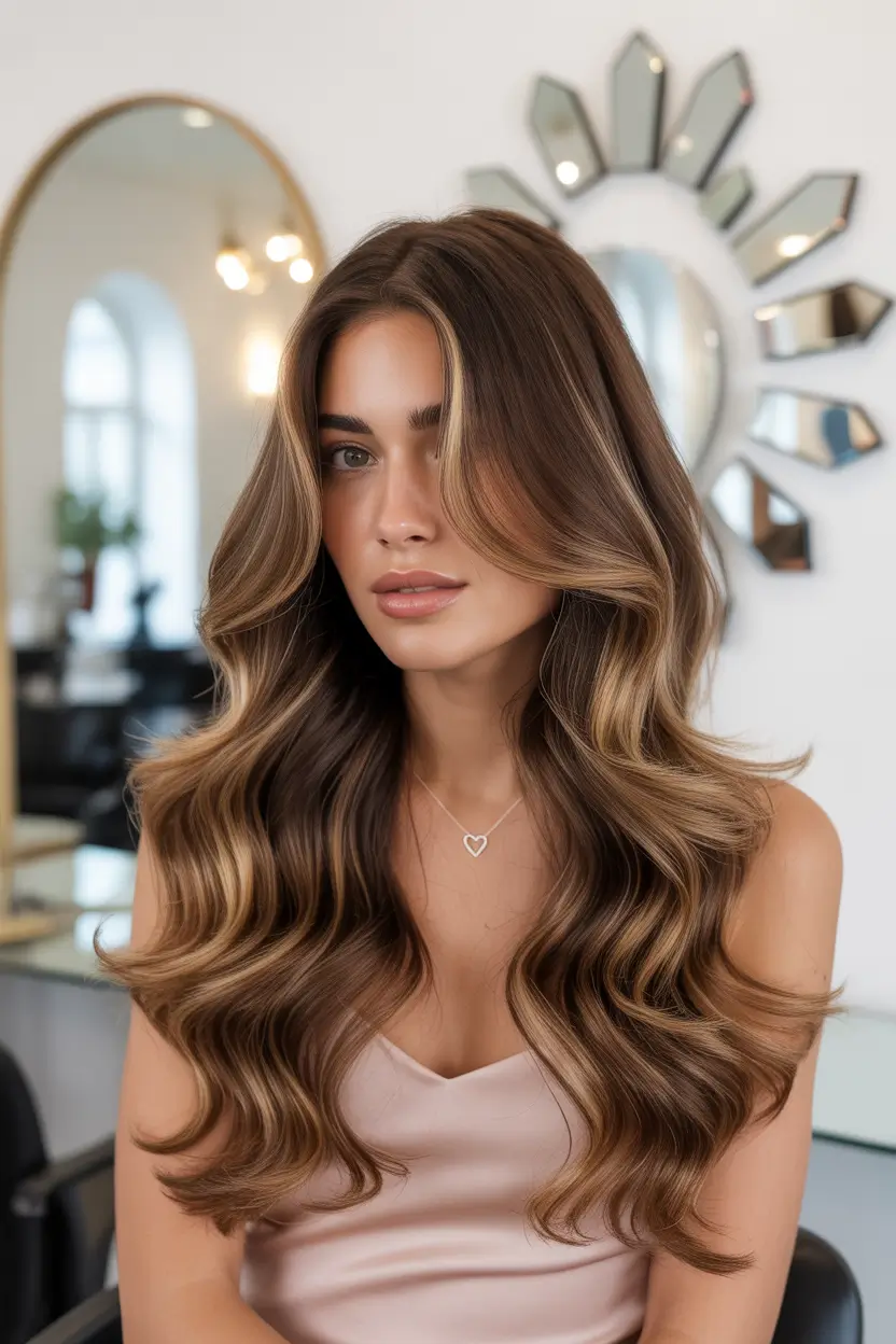 cute spring balayage hair color 2026 warm brunette waves