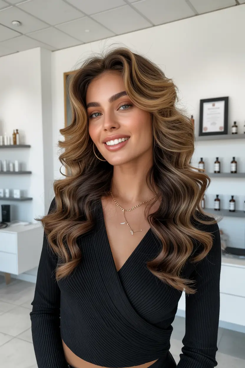 cute spring balayage hair color 2026 caramel highlighted brunette