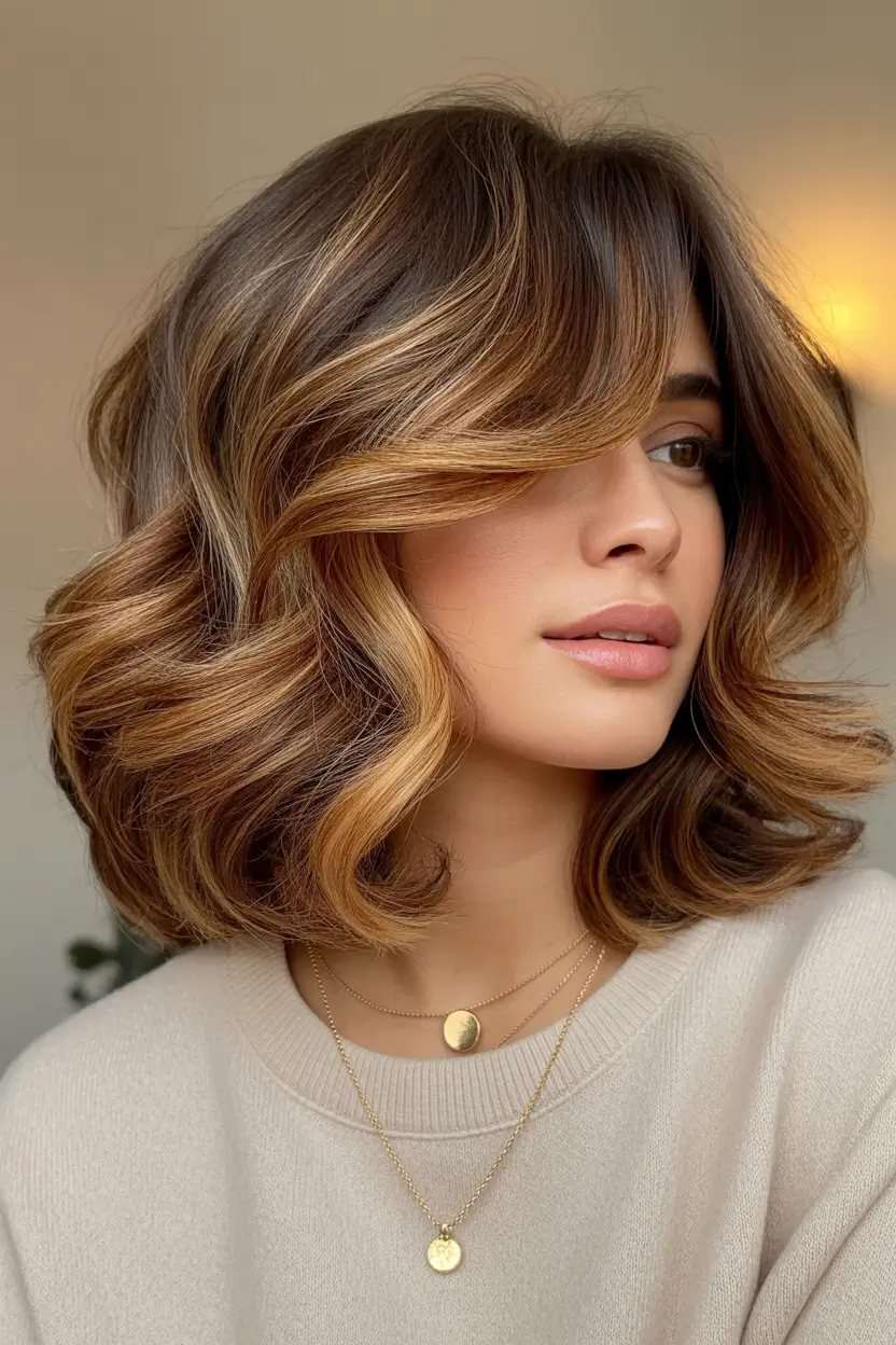 cute spring mid length haircut 2026 Soft Caramel Layered Bob With Airy Volume