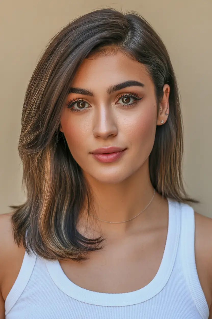 cute spring mid length haircut 2026 Sleek Chestnut Mid Length Cut With Subtle Layers 11