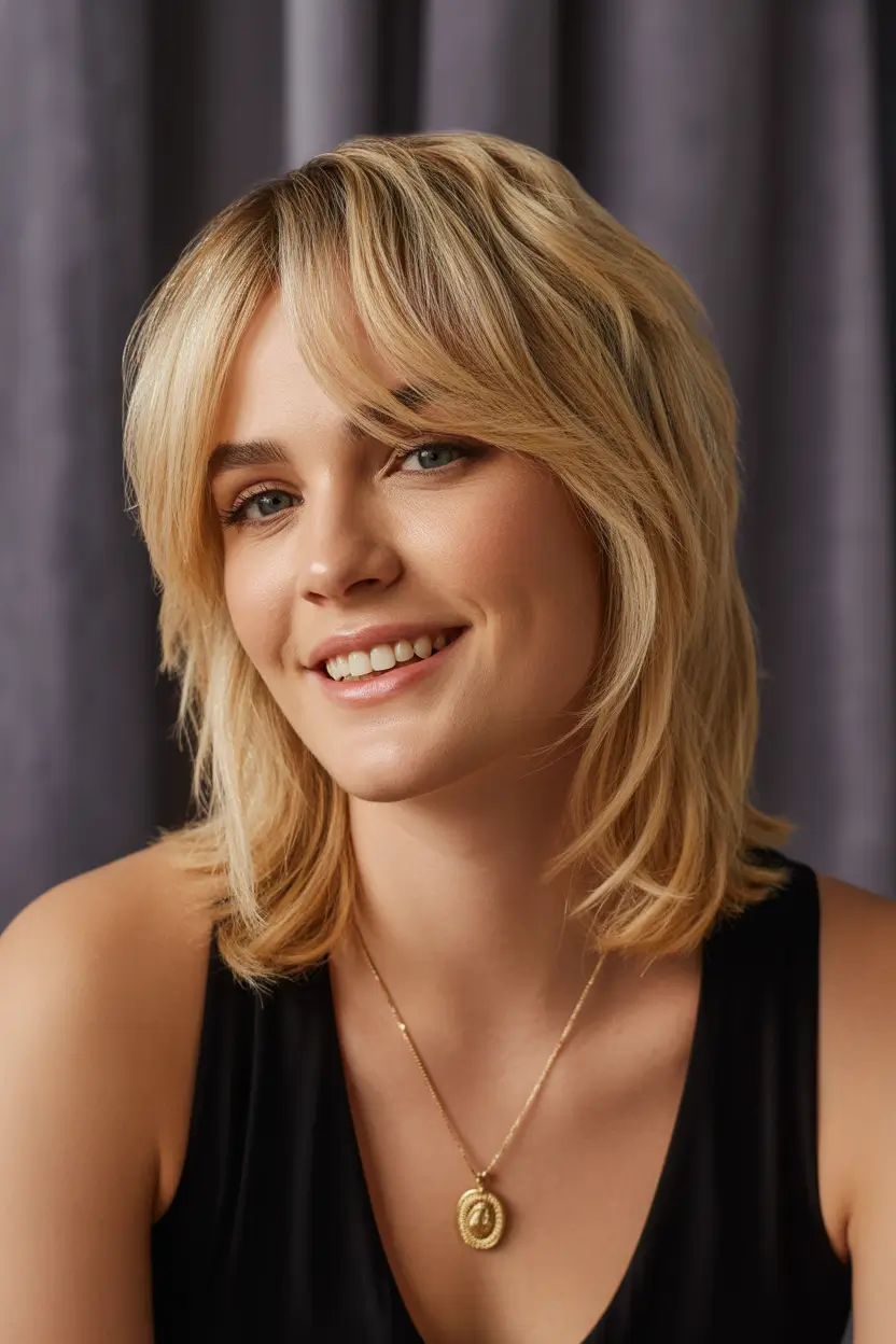 cute spring mid length haircut 2026 Textured Blonde Shag With Soft Fringe 16
