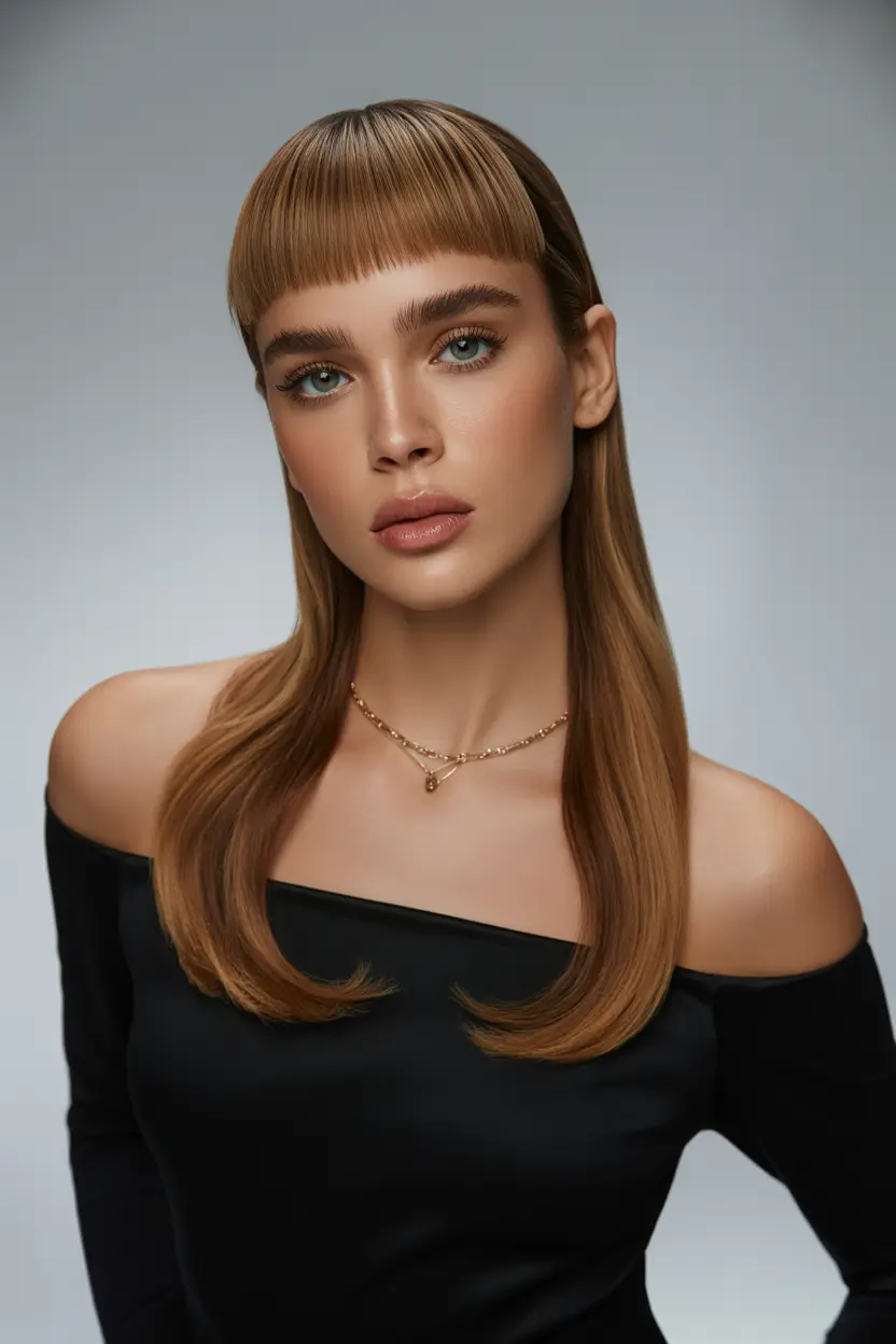 cute spring mid length haircut 2026 Sleek Mid Length Cut With Blunt Micro Fringe 20