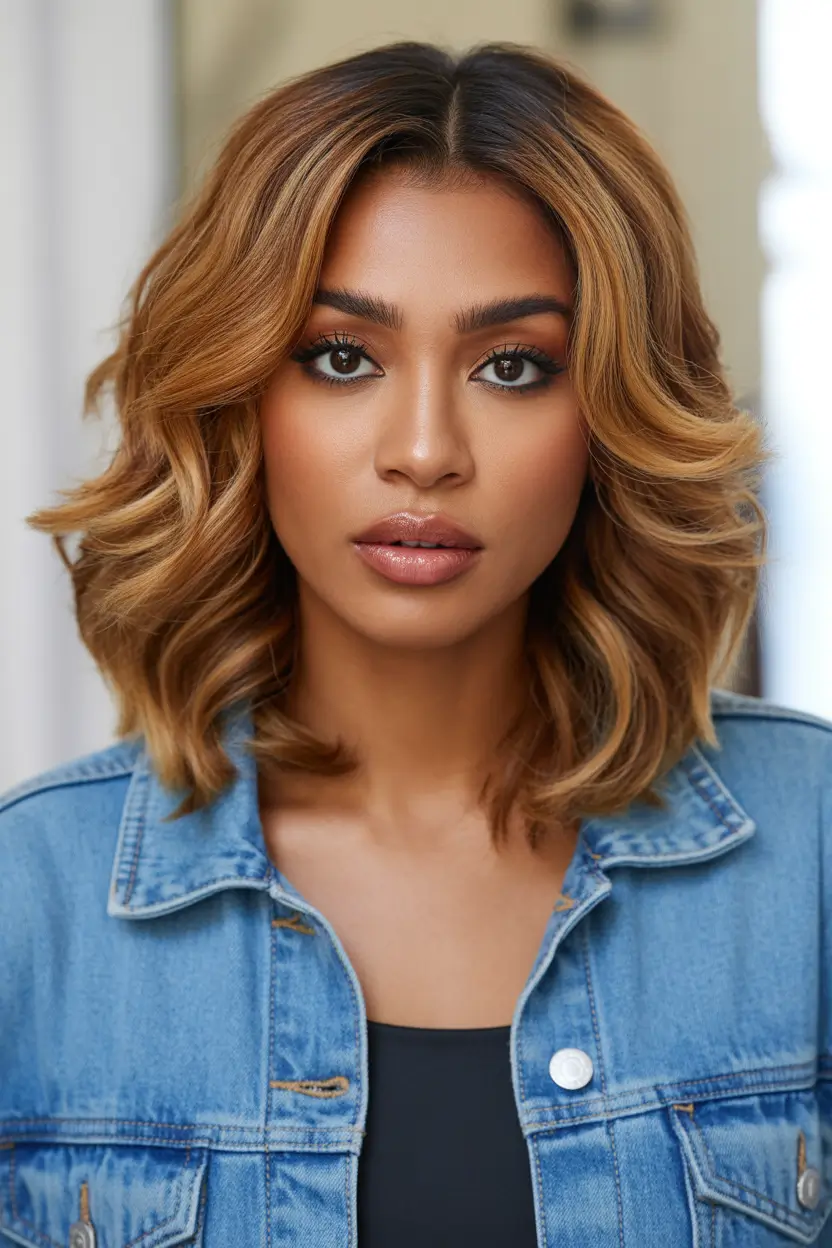 cute spring mid length haircut 2026 Golden Caramel Shoulder Cut With Soft Outward Flip 6