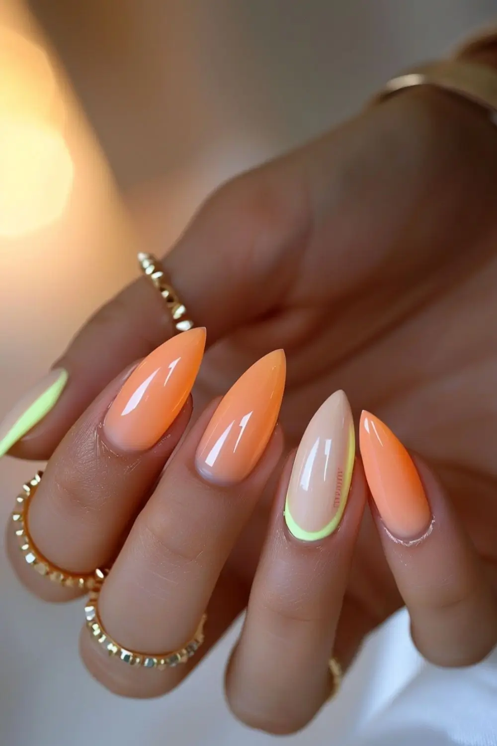 cute spring nail colors 2026 Neon Peach with Lime Outline Accent 11
