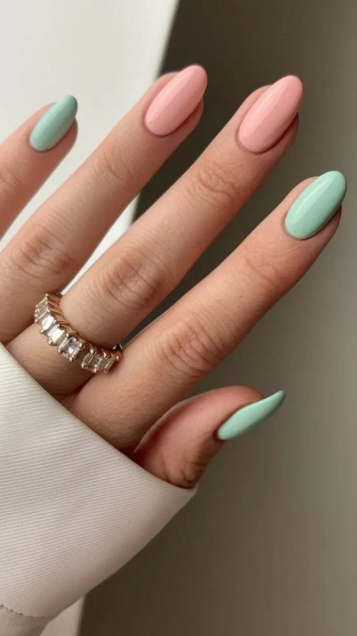 cute spring nail colors 2026 Blush and Mint Combo for Fresh Pastel Balance 13