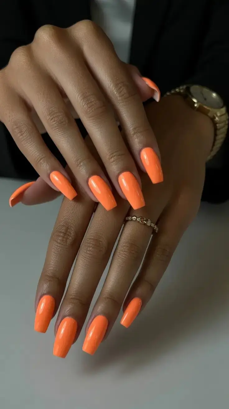 cute spring nail colors 2026 Neon Orange Coffin Power 15