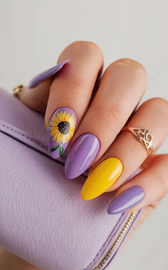 cute spring nail colors 2026 Lavender and Sunflower Accent Combo 16