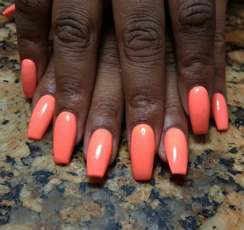 cute spring nail colors 2026 Coral Coffin for a Solid Statement 8