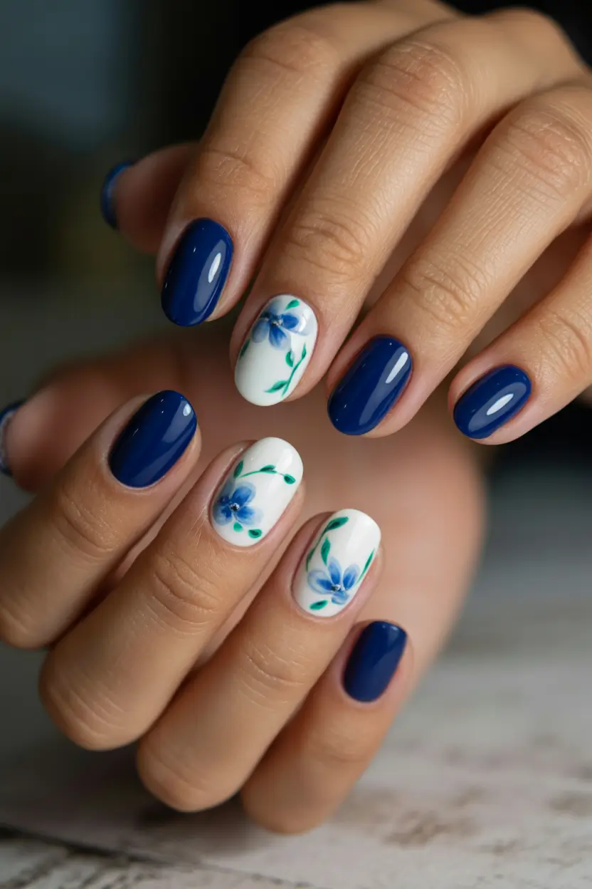 cute trendy spring nails 2026 Midnight Blue Floral Short Chic 11