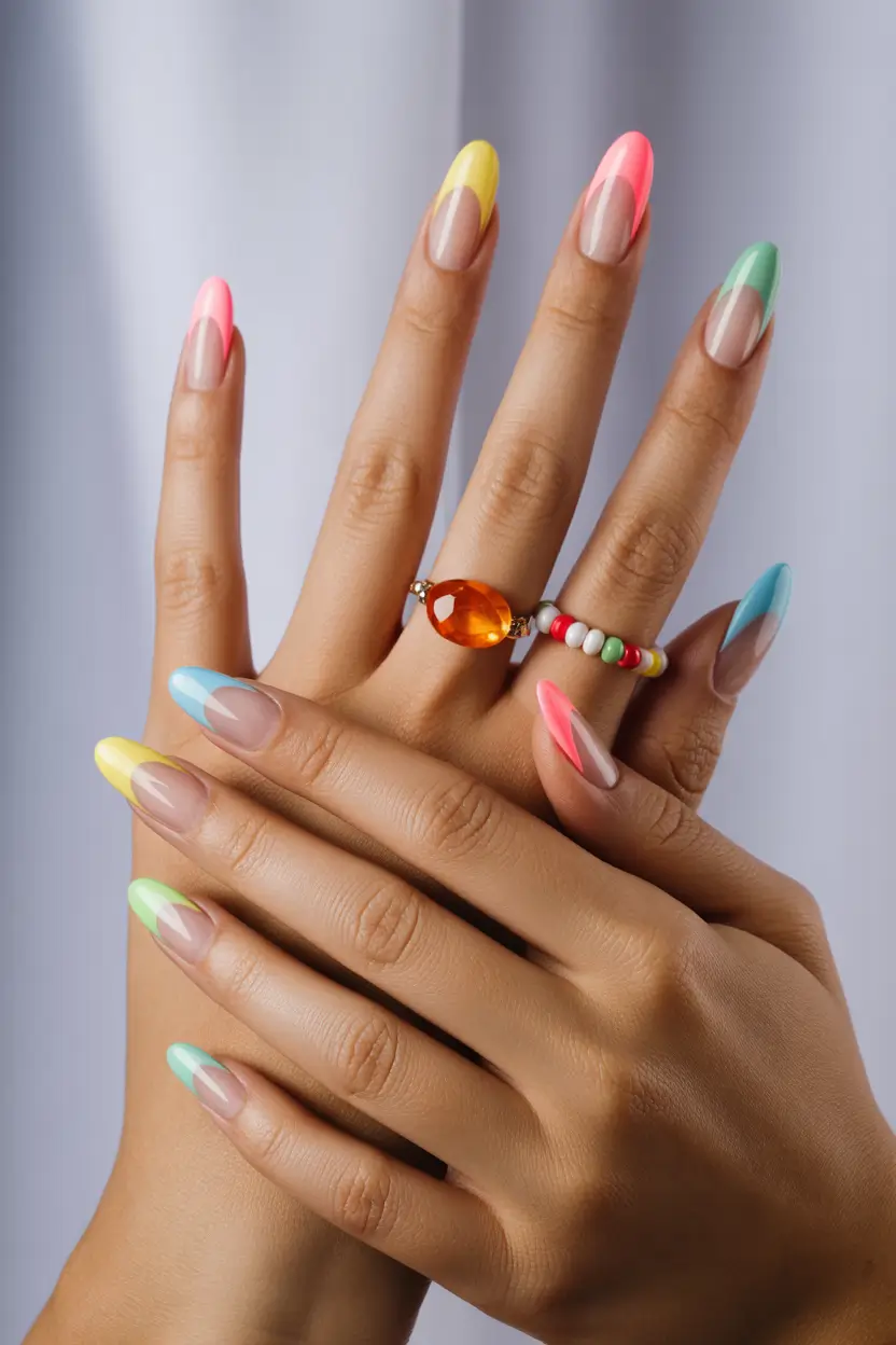 cute trendy spring nails 2026 Playful Pastel French Almond 13