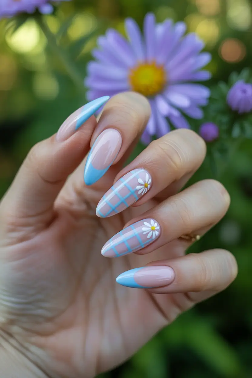 cute trendy spring nails 2026 Blue Plaid Daisy Almond 15