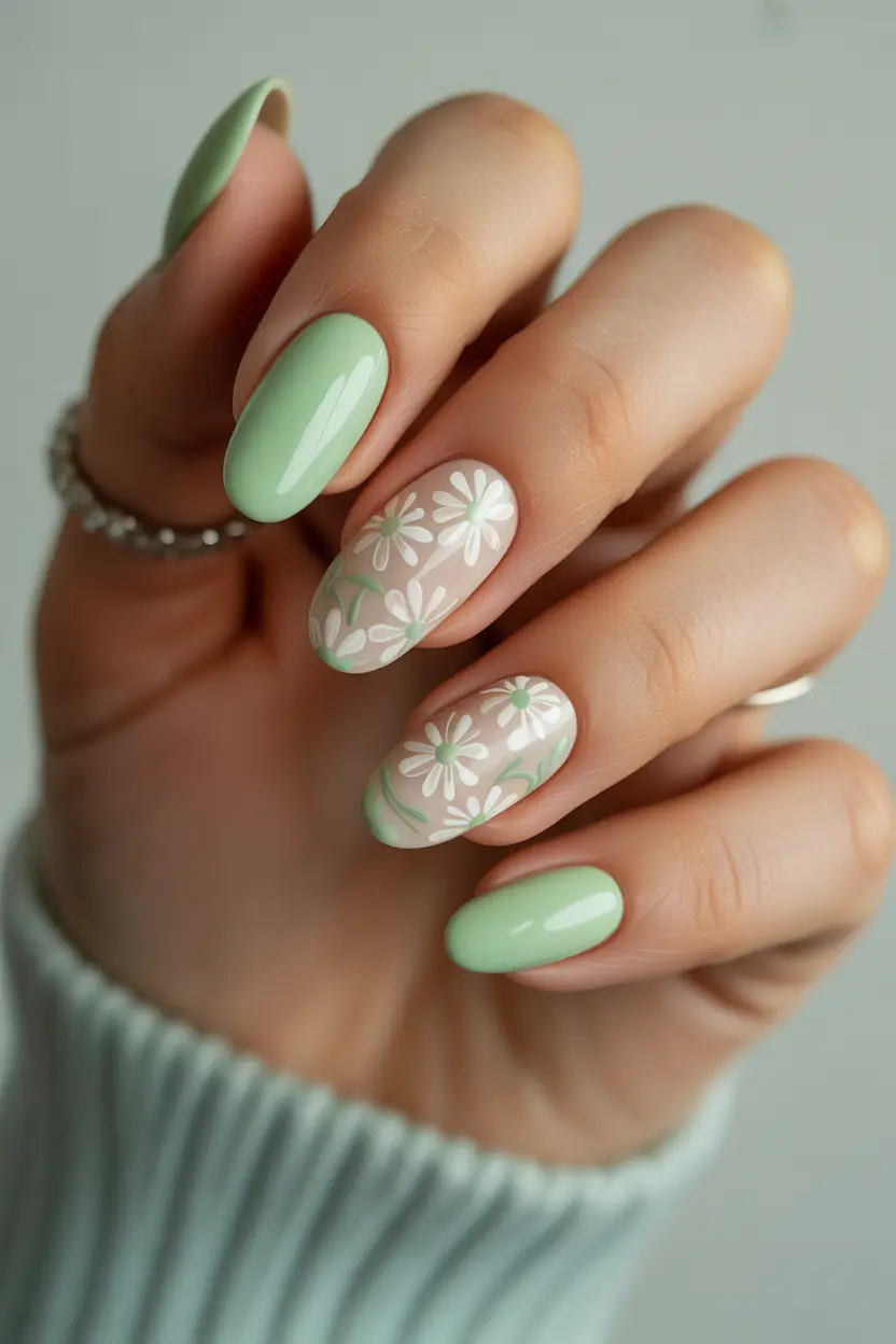 cute trendy spring nails 2026 Mint Daisy Short Fresh 17