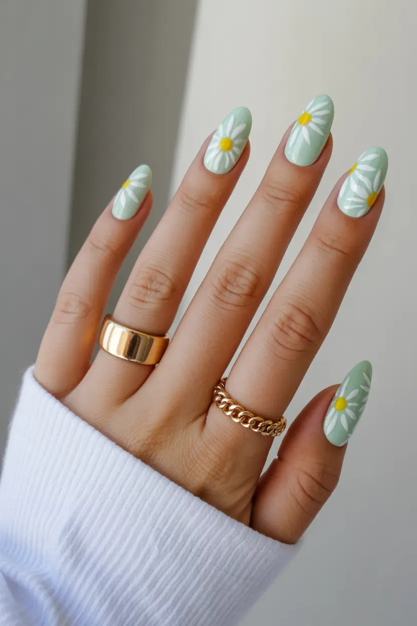 cute trendy spring nails 2026 Classic Green Daisy Almond 18