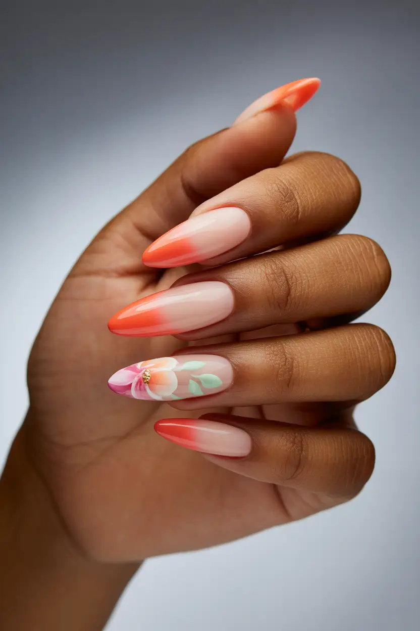 cute trendy spring nails 2026 Coral Bloom Almond Glow 19