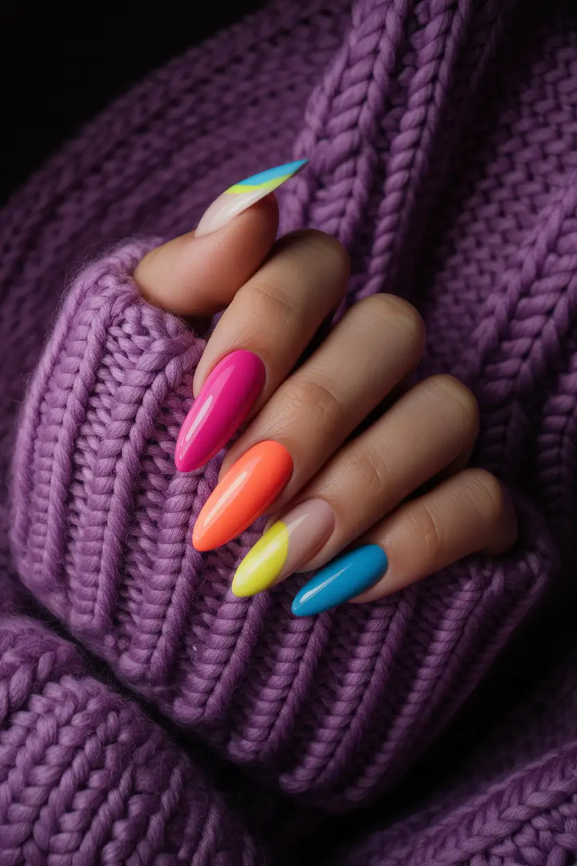 cute trendy spring nails 2026 Neon Pop Almond for Bold Spring Moods