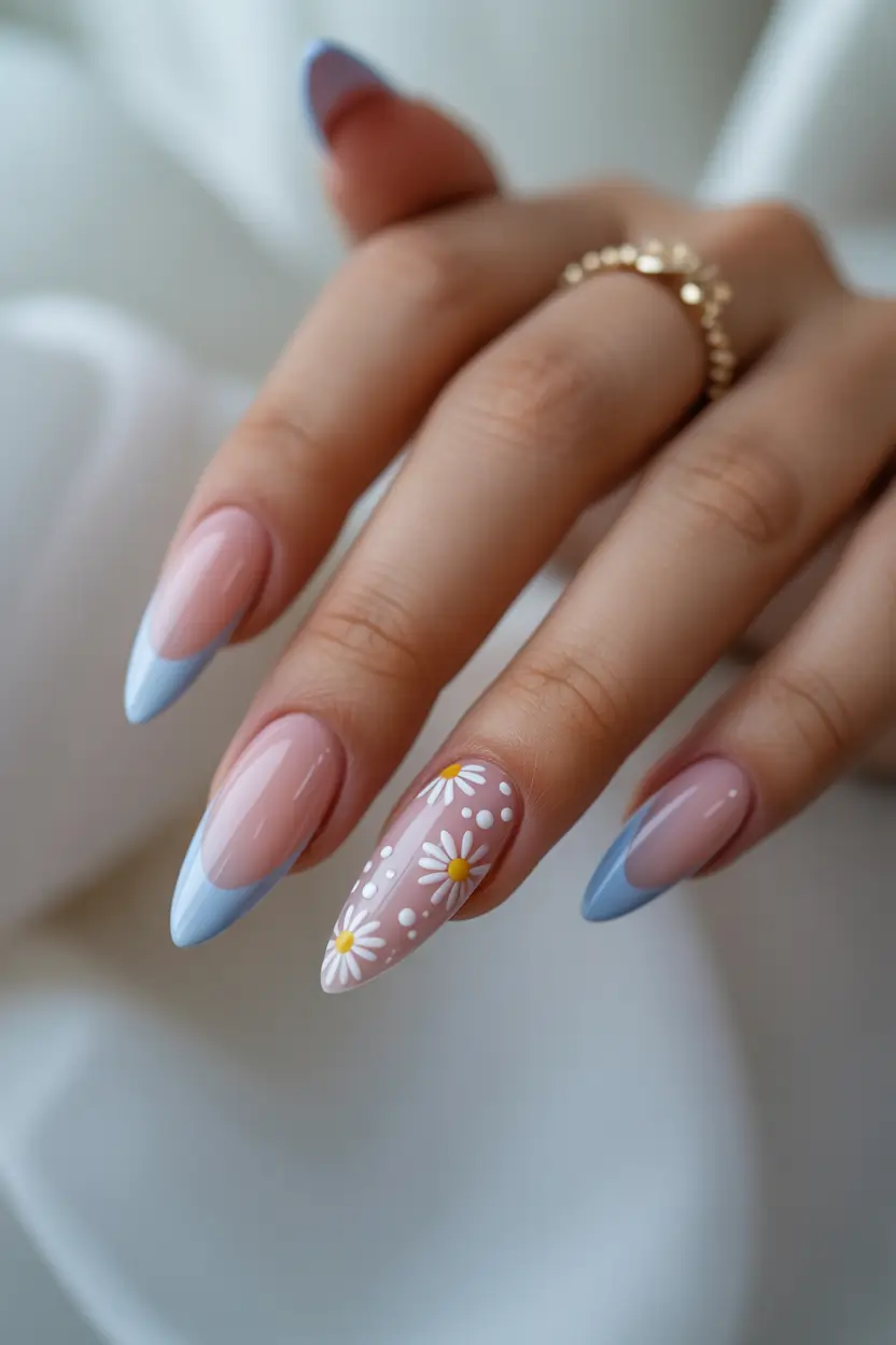 cute trendy spring nails 2026 Blue French Daisy Accent 20