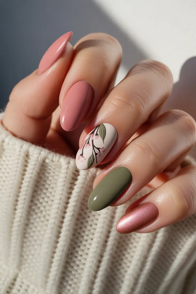 cute trendy spring nails 2026 Muted Pink and Olive Florals for Soft Spring Evenings