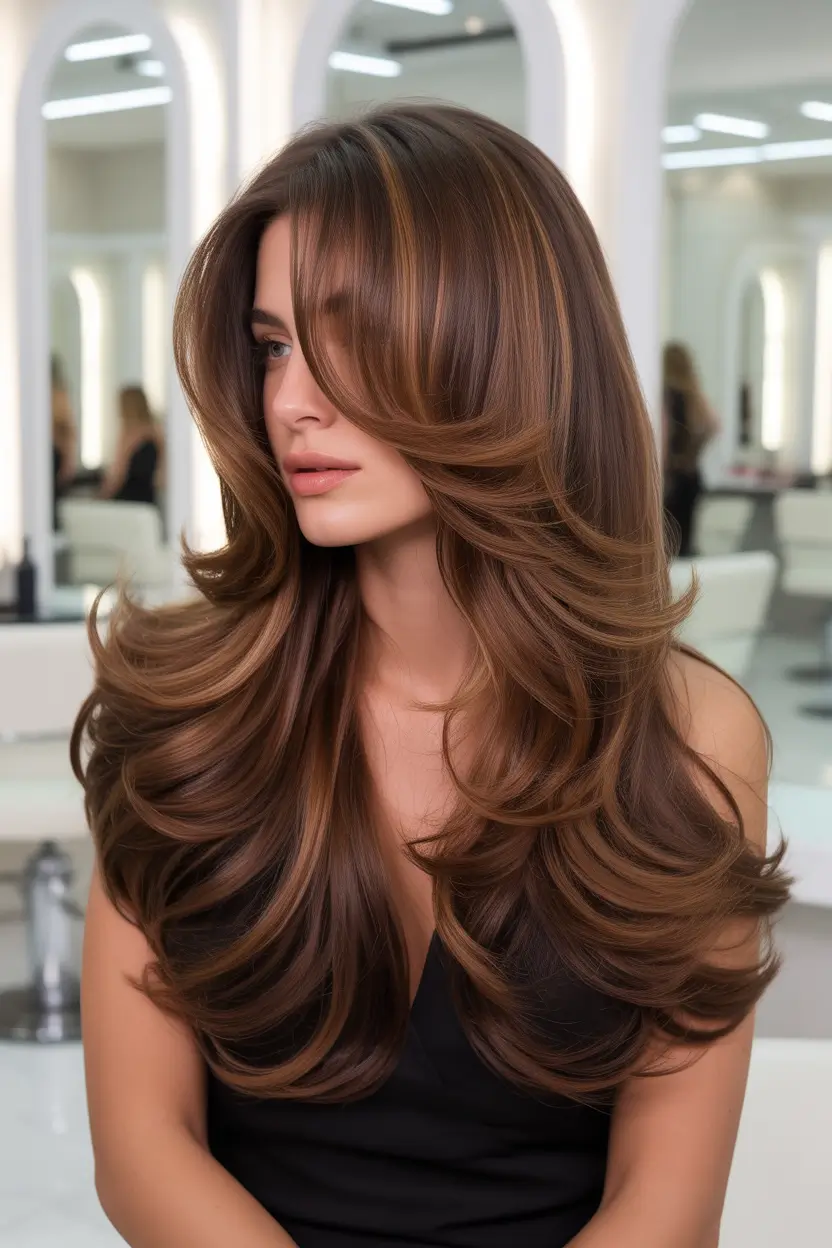 spring butterfly haircut deep chocolate cascade with sculpted length 15