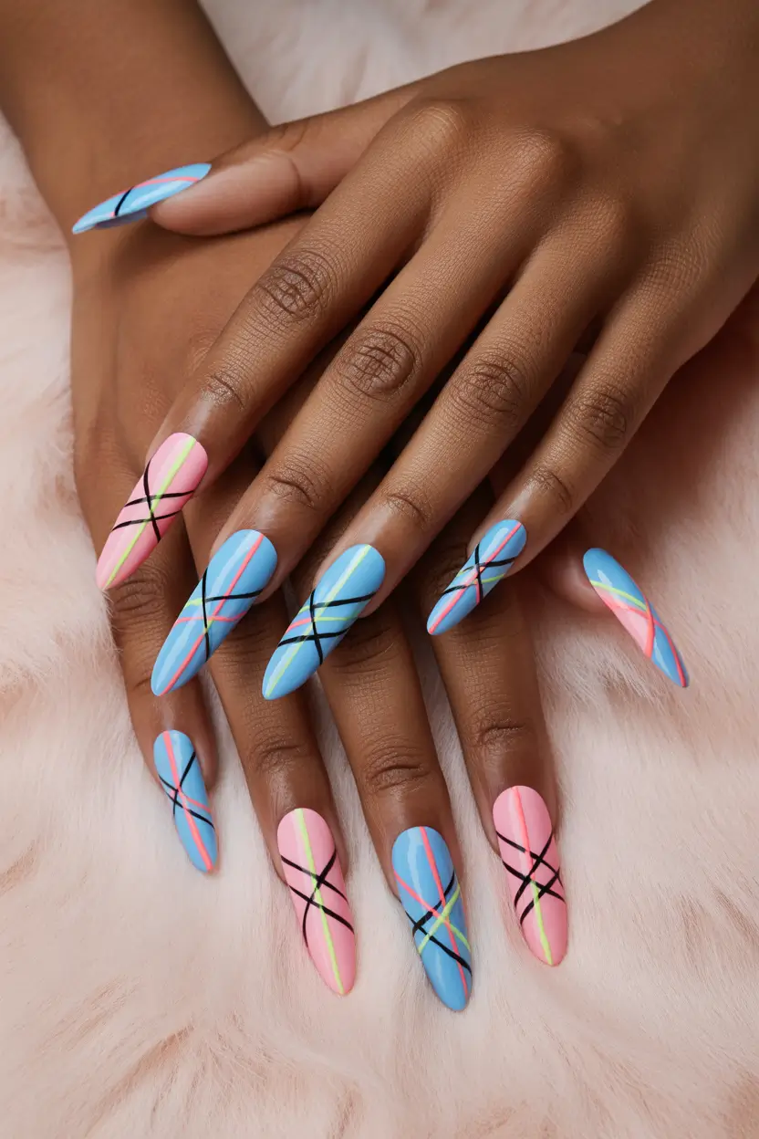 easy spring nail art designs 2026 graphic pastel lines in blue and pink