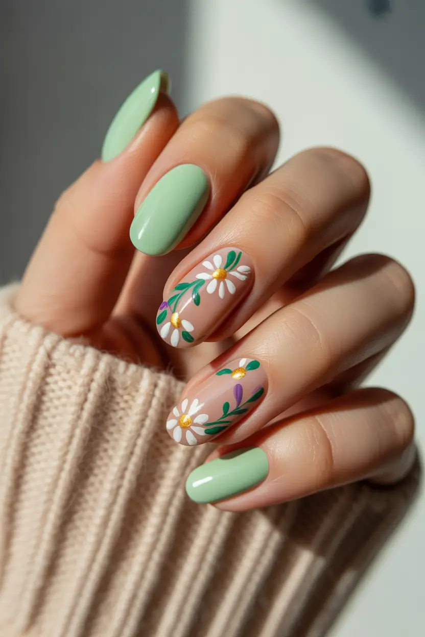 easy spring nail art designs 2026 mint daisy accent 11