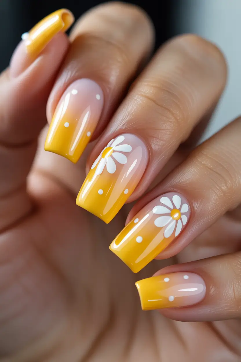 easy spring nail art designs 2026 yellow ombre daisy square 15