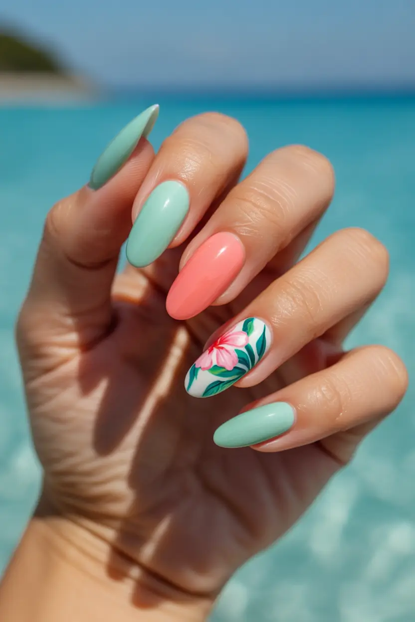 easy spring nail art designs 2026 tropical mint and coral bloom 16