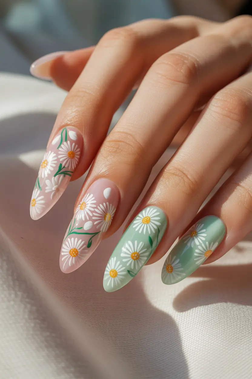 easy spring nail art designs 2026 daisy soft touch in pink and green