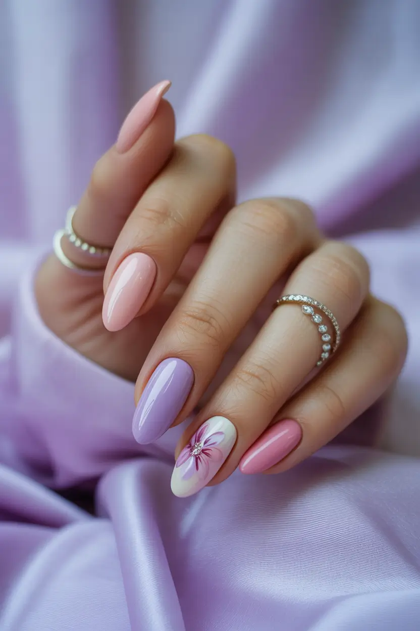 easy spring nail art designs 2026 soft pink and lavender bloom