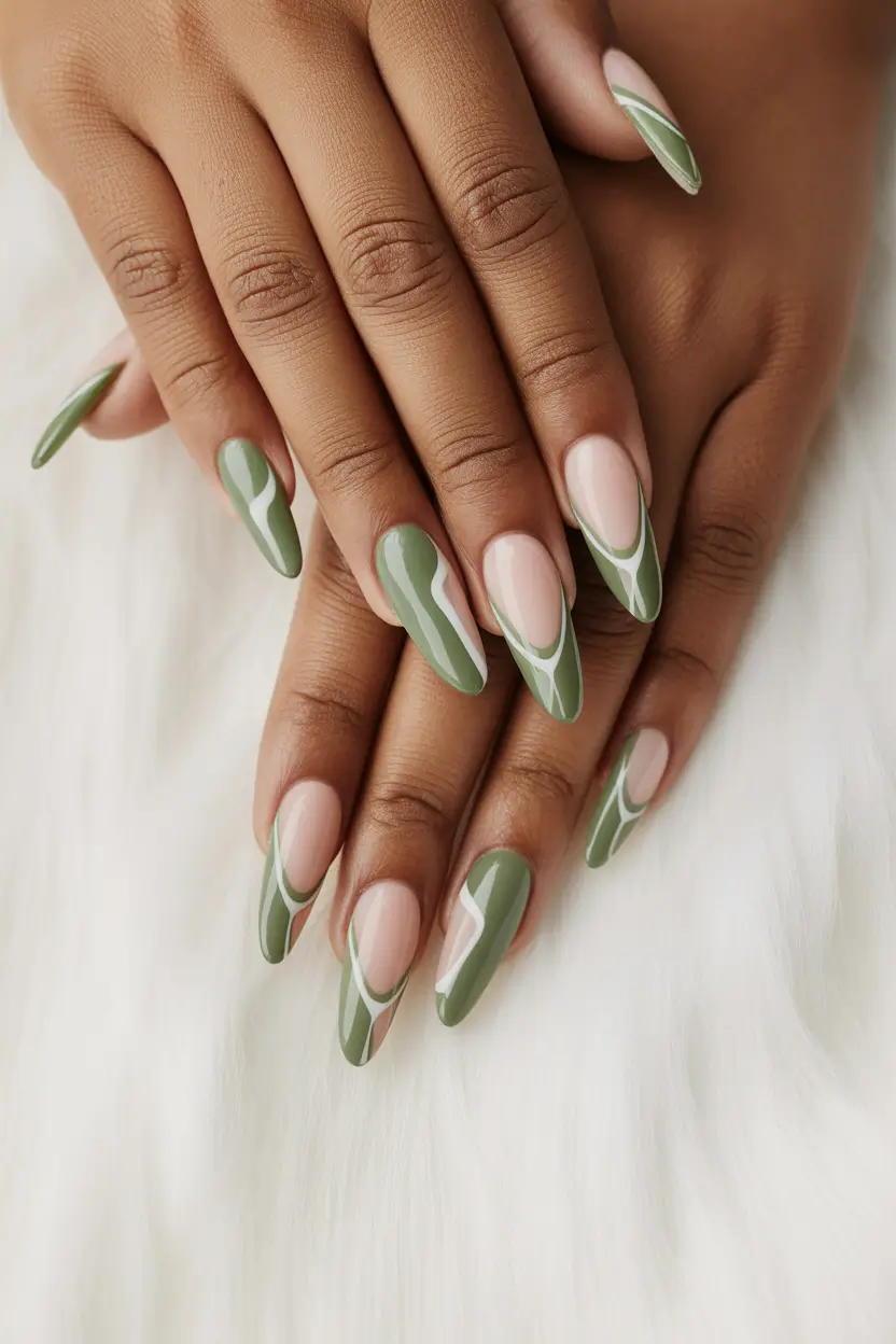 easy spring nail art designs 2026 olive green modern waves