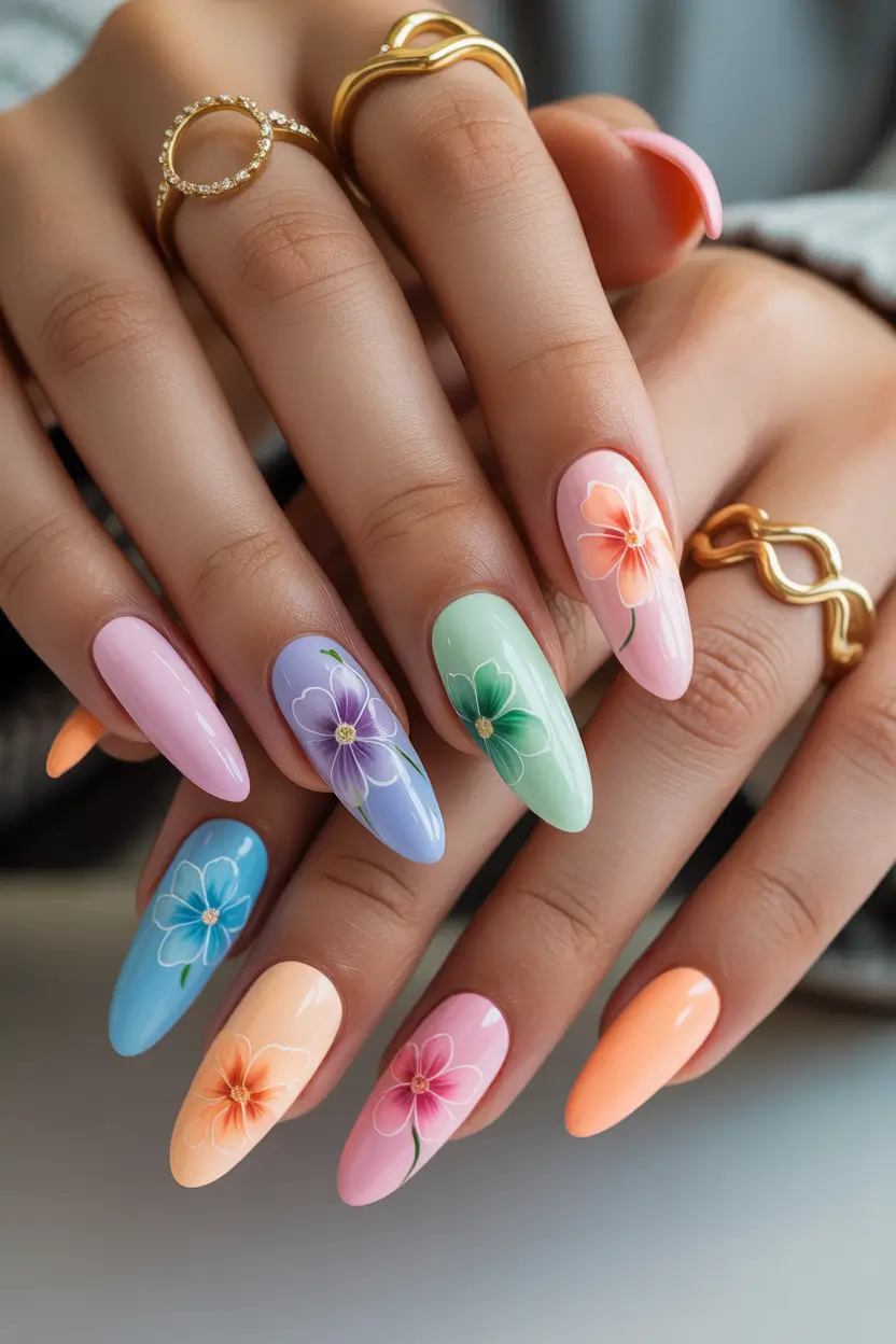 easy spring nail art designs 2026 multicolor floral pastel mix 6