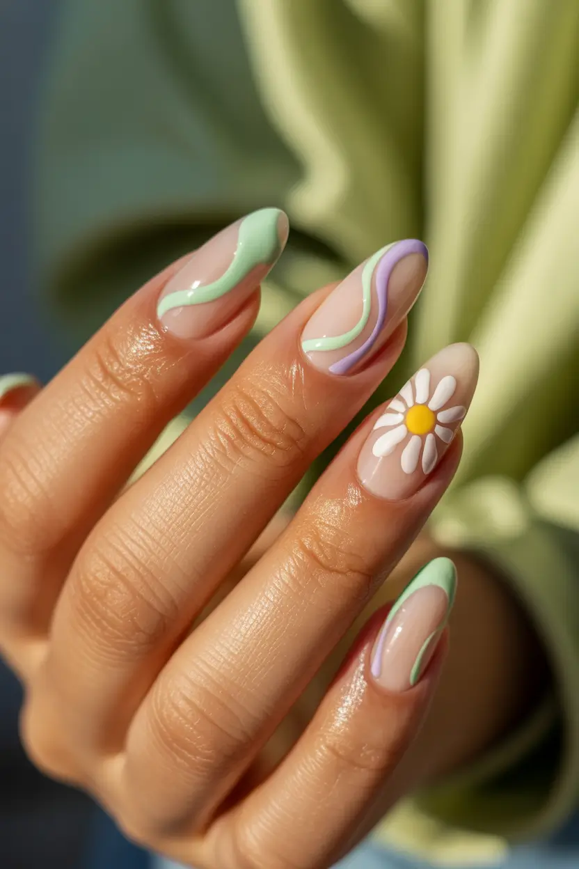 easy spring nail art designs 2026 minimal wave and daisy accent 7