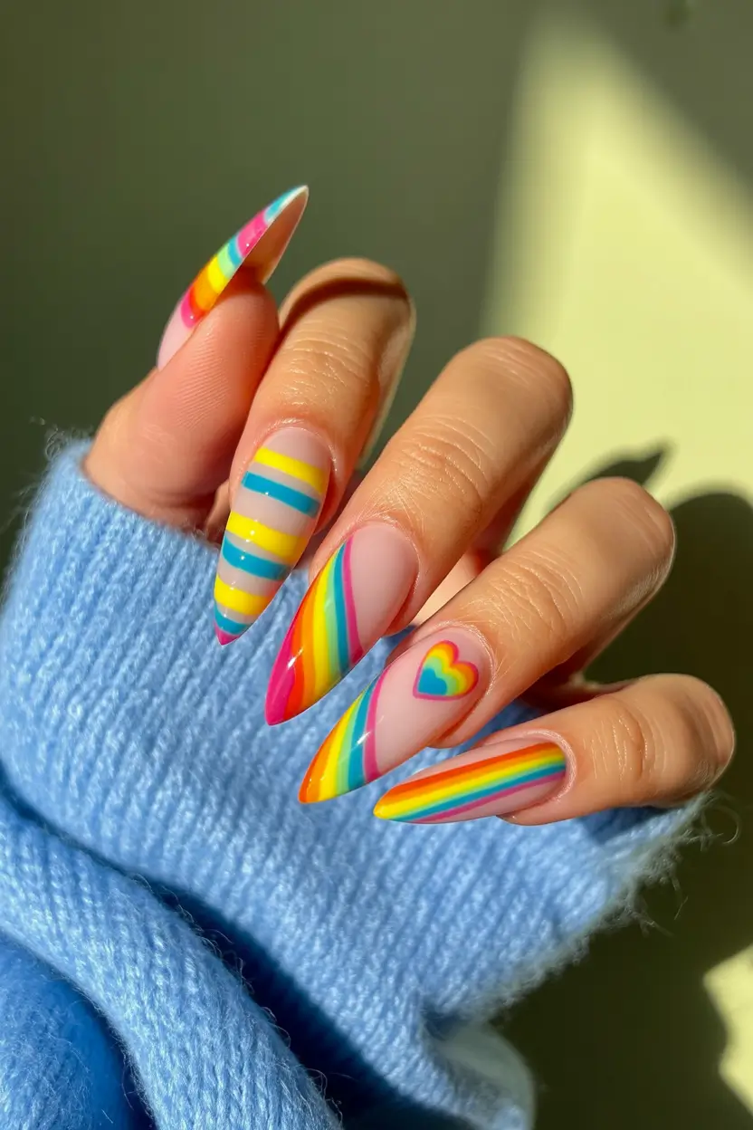 easy spring nail art designs 2026 rainbow graphic french remix 8