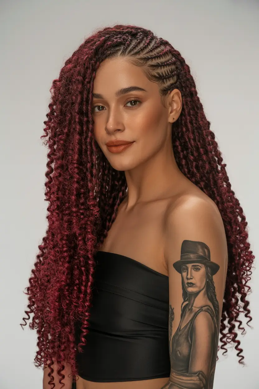 spring braids hairstyle Burgundy Side Cornrow Spring Twists With Defined Texture 11