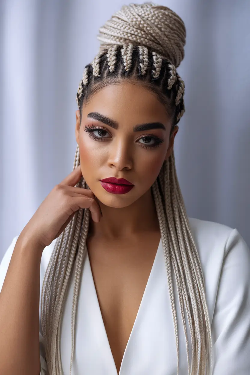 spring braids hairstyle Platinum Braided High Bun With Structured Crown 15