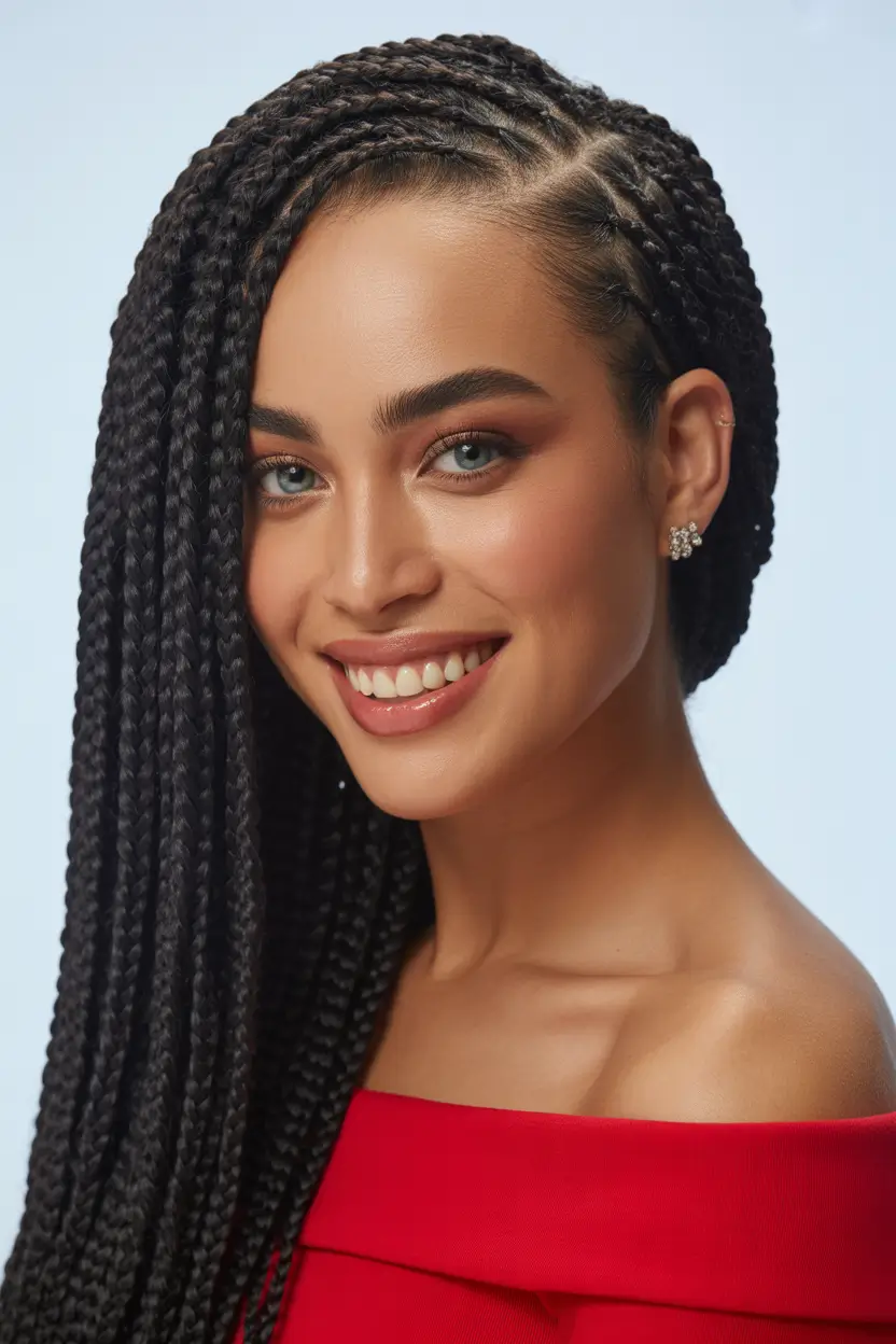 spring braids hairstyle Sleek Black Side Swept Micro Braids 17