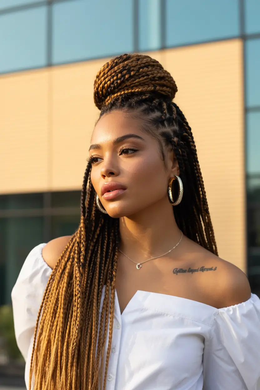 spring braids hairstyle High Honey Brown Braided Bun With Long Extensions 20